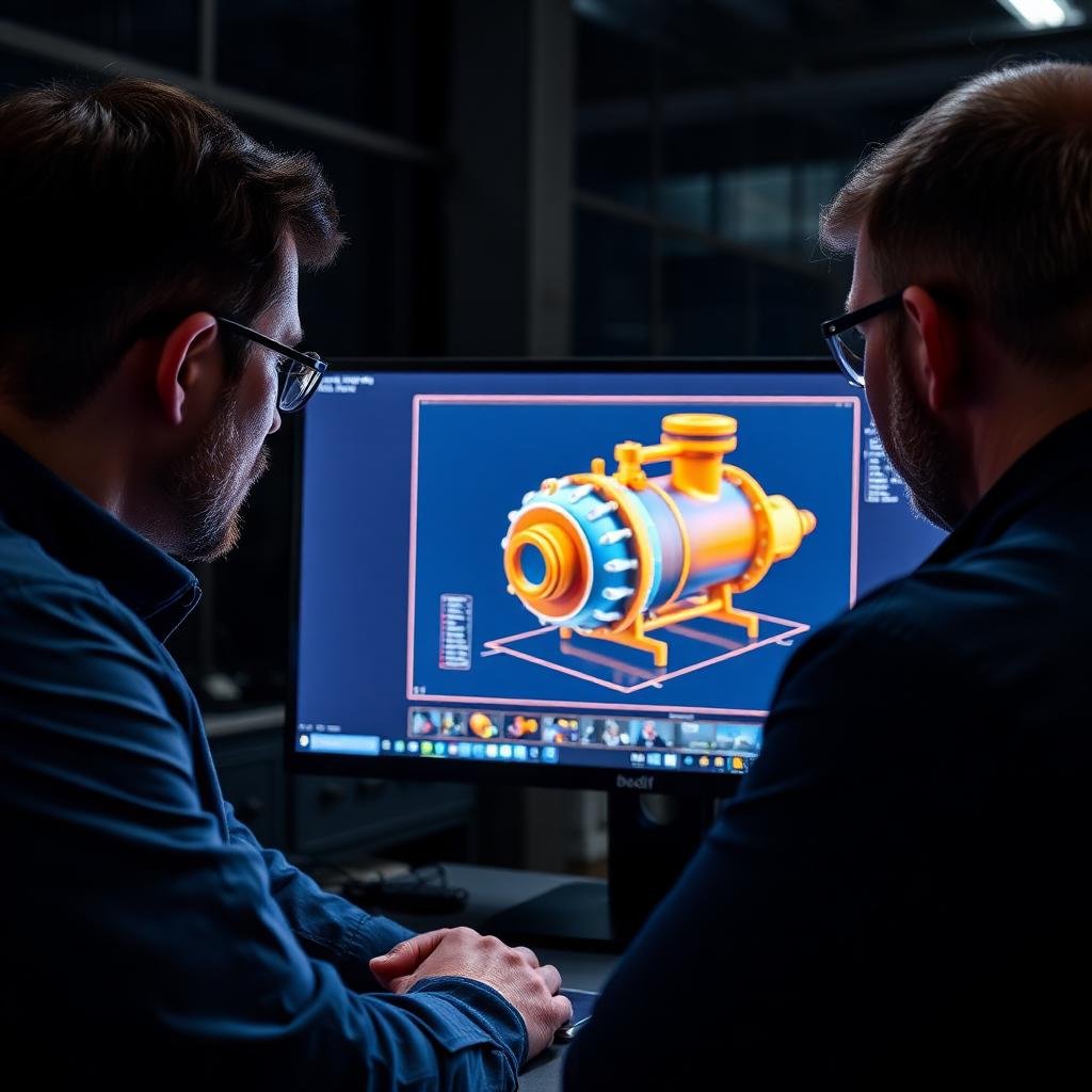 Equipe analisando o modelo 3D de um vaso de pressão