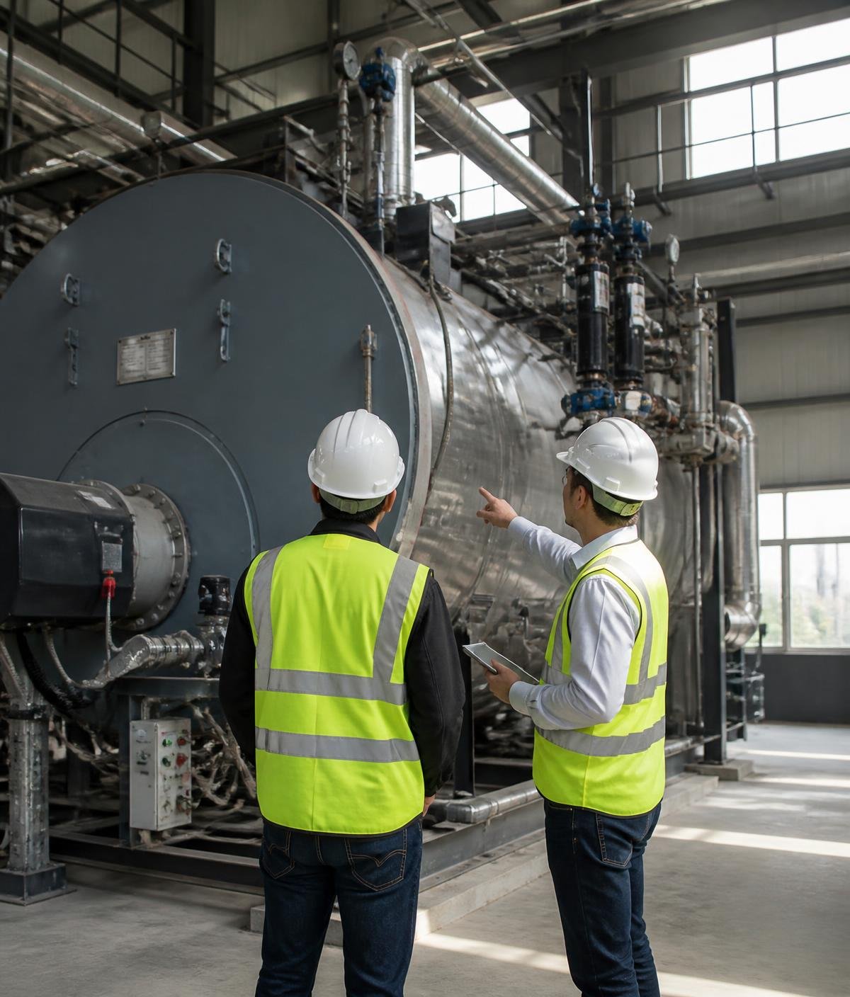 Engenheiros inspecionando uma caldeira industrial em fábrica