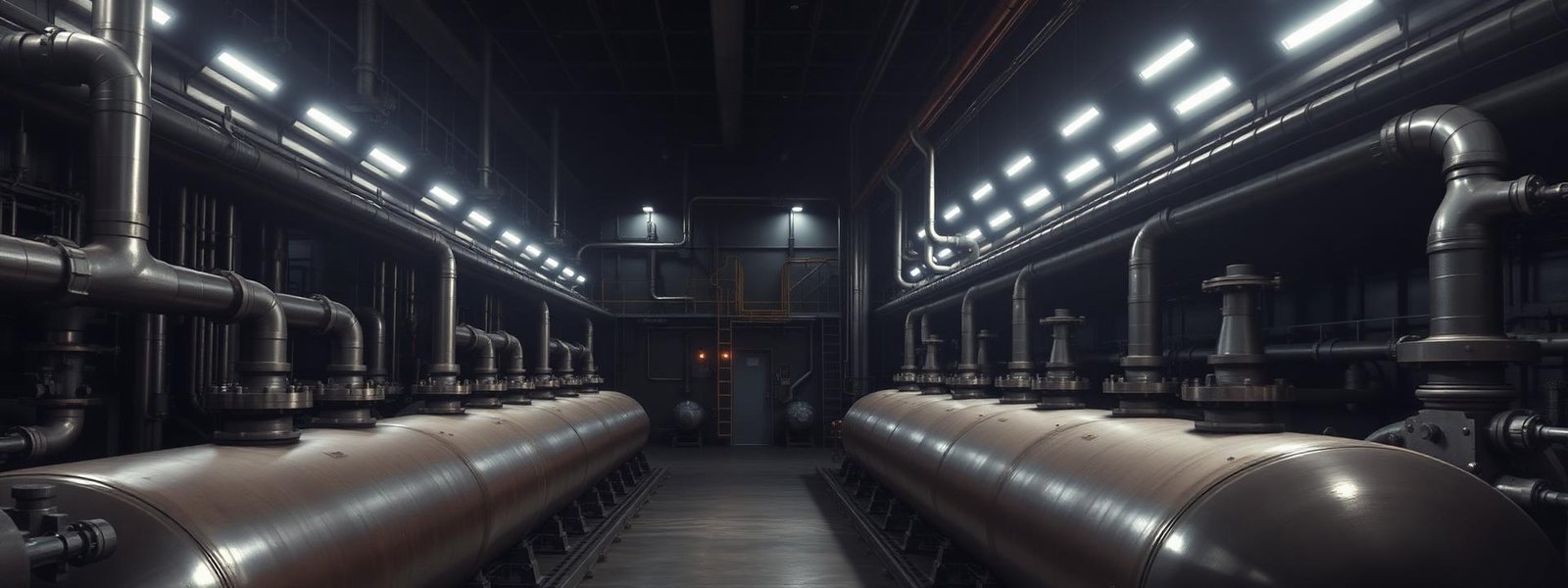 Planta industrial com vasos de pressão e tubulações metálicas