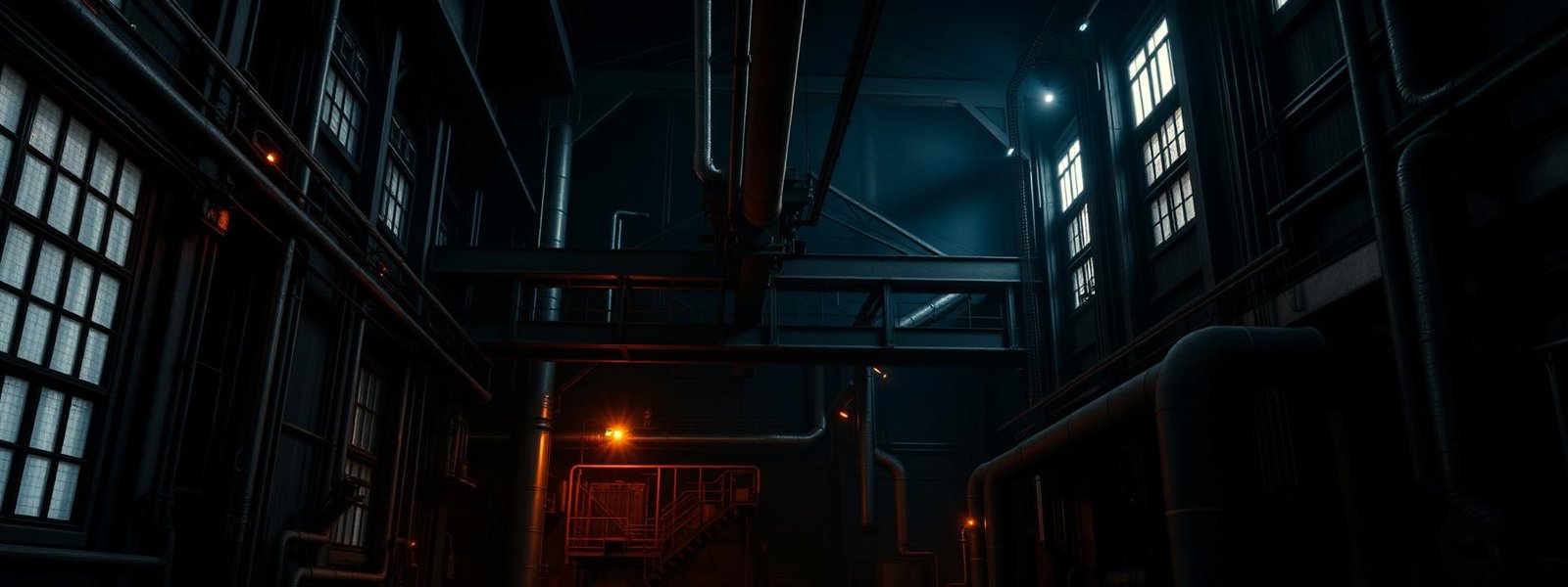 Interior de planta industrial com tubulações e estruturas metálicas
