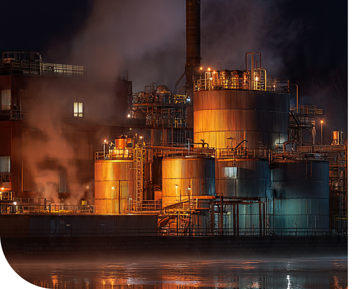 Unidade industrial noturna com tanques e estruturas de processo iluminados
