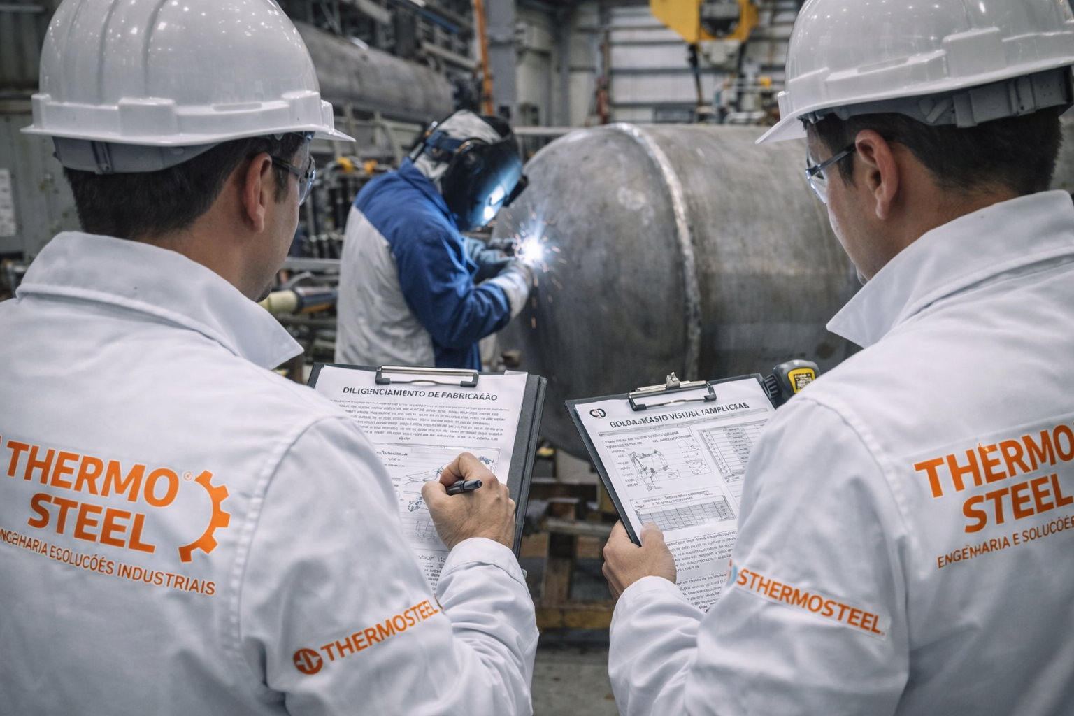 Técnicos Thermo Steel acompanhando processo de fabricação e soldagem de equipamento industrial