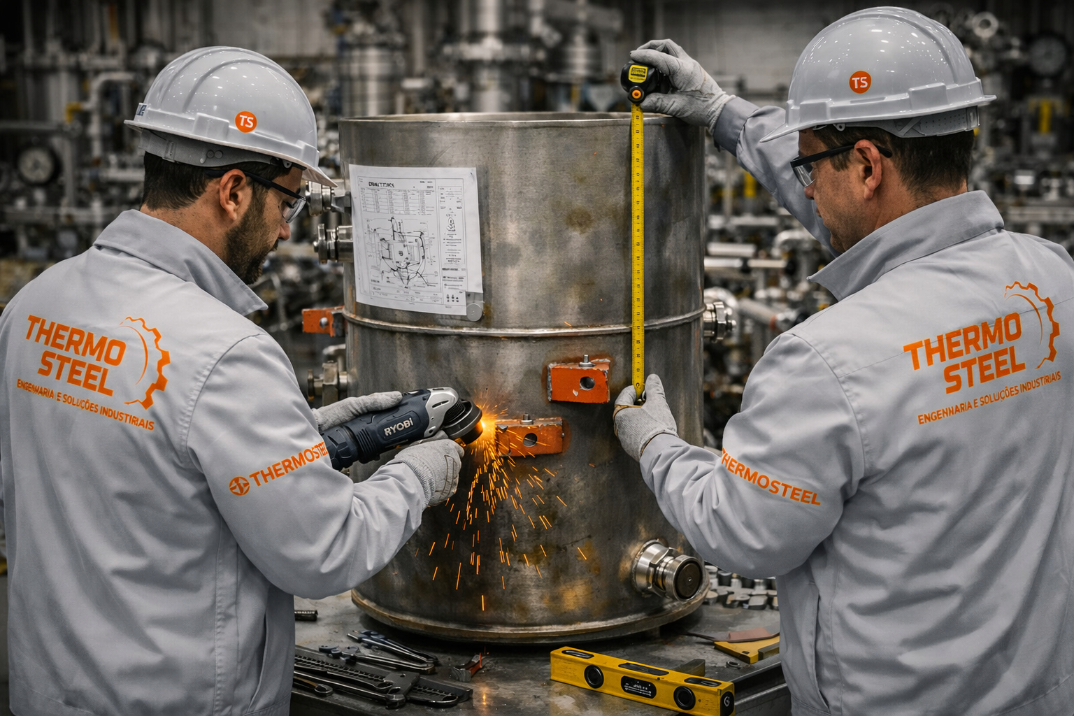 Técnicos Thermo Steel executando serviços de caldeiraria em equipamento industrial
