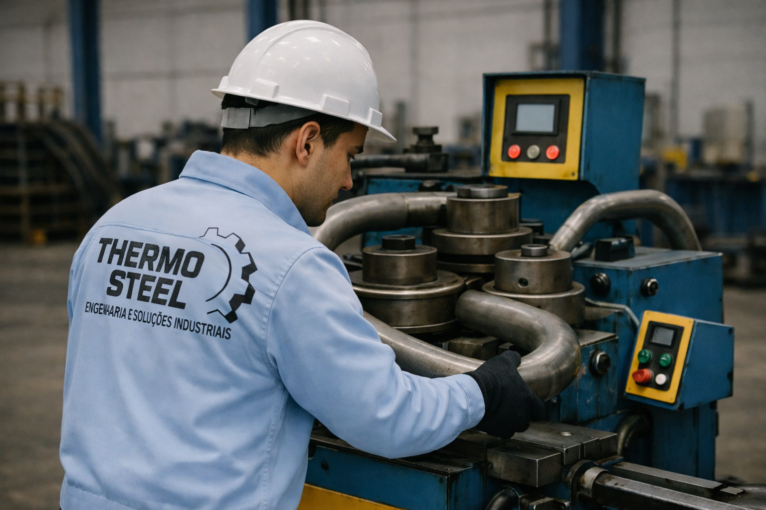 Técnico Thermo Steel operando curvamento de serpentina tubular em máquina industrial