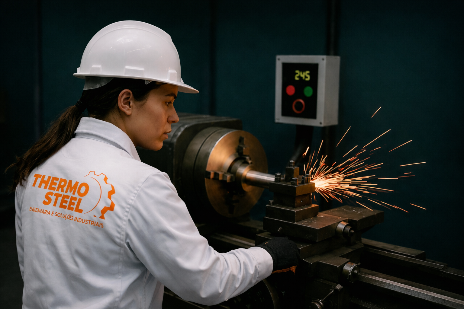 Técnica Thermo Steel operando torno CNC em processo de usinagem industrial
