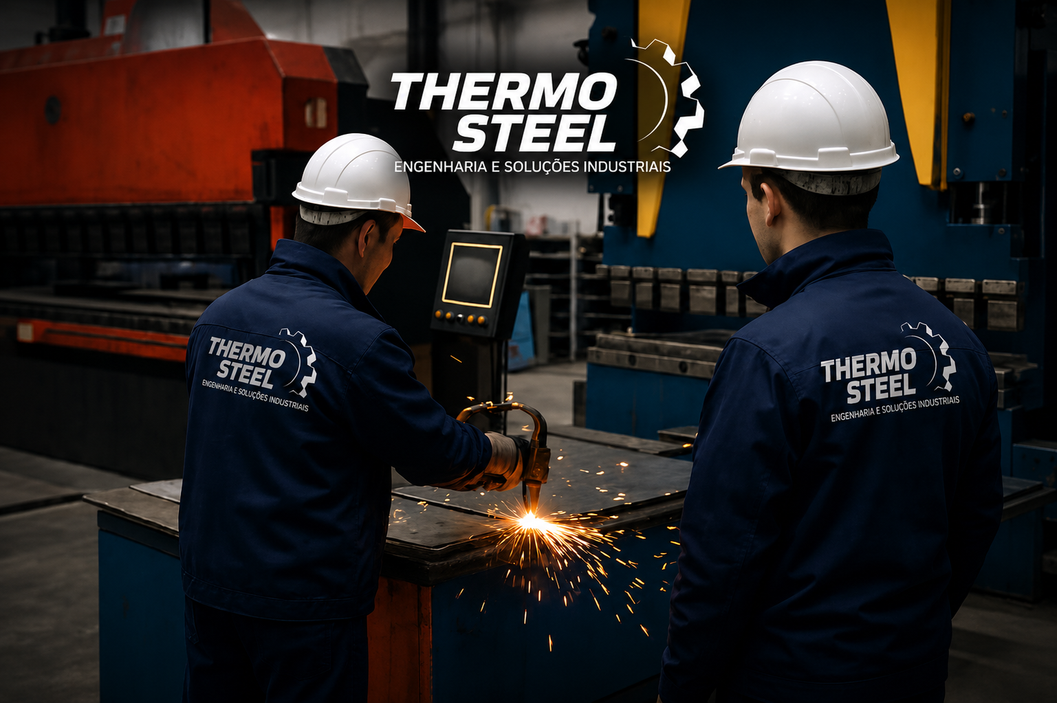 Técnicos Thermo Steel operando corte plasma e dobra de chapas metálicas industriais