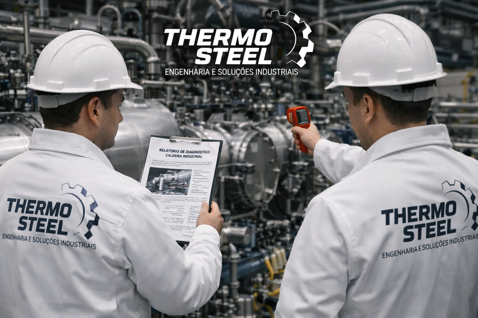 Técnicos Thermo Steel realizando diagnóstico de caldeira industrial em campo